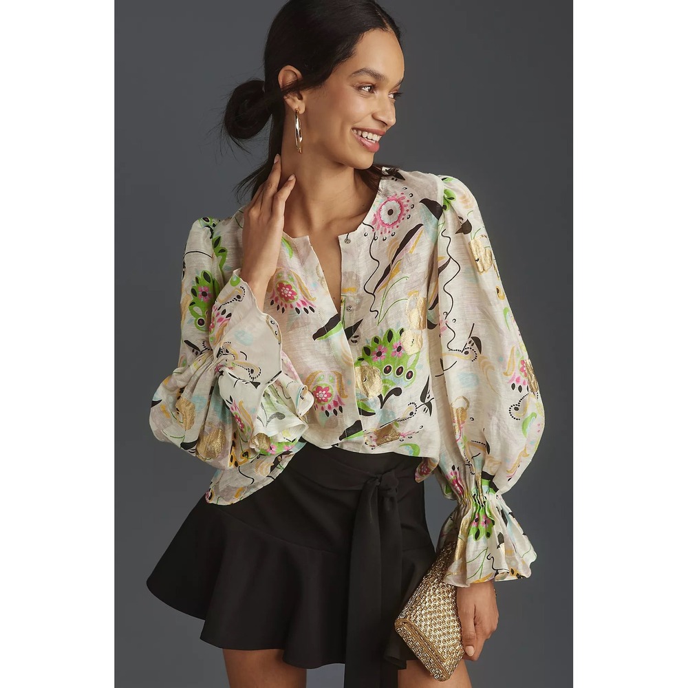Cynthia Rowley Love Locket Linen Silk Puff Sleeve Blouse Gold Foil Ivory Small - Picture 3 of 13